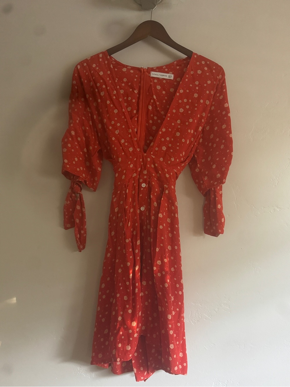 Faithfull the Brand Red Polka Dot Midi Dress with Tie Sleeves